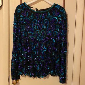 Black Teal Purple Sequined Top